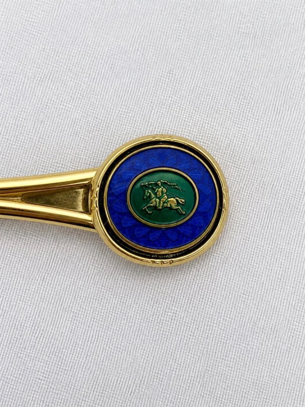 Burberrys Gold Tone Tie Bar Blue Enamel Equestrian Medallion